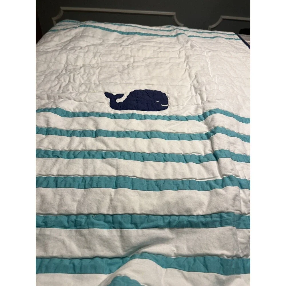 Pottery Barn Kids Hamptons Whale White Teal Baby Blue Toddler Crib Quilt 36x50”